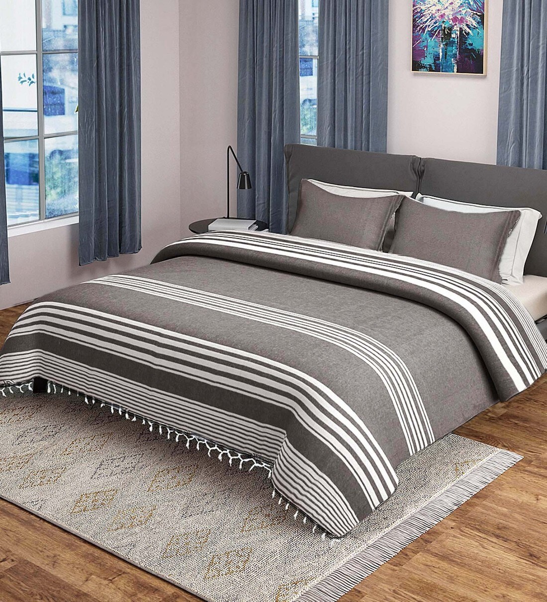 Buy Grey Geometric 350 TC Microfibre Double Bed Cover with 2 Pillow