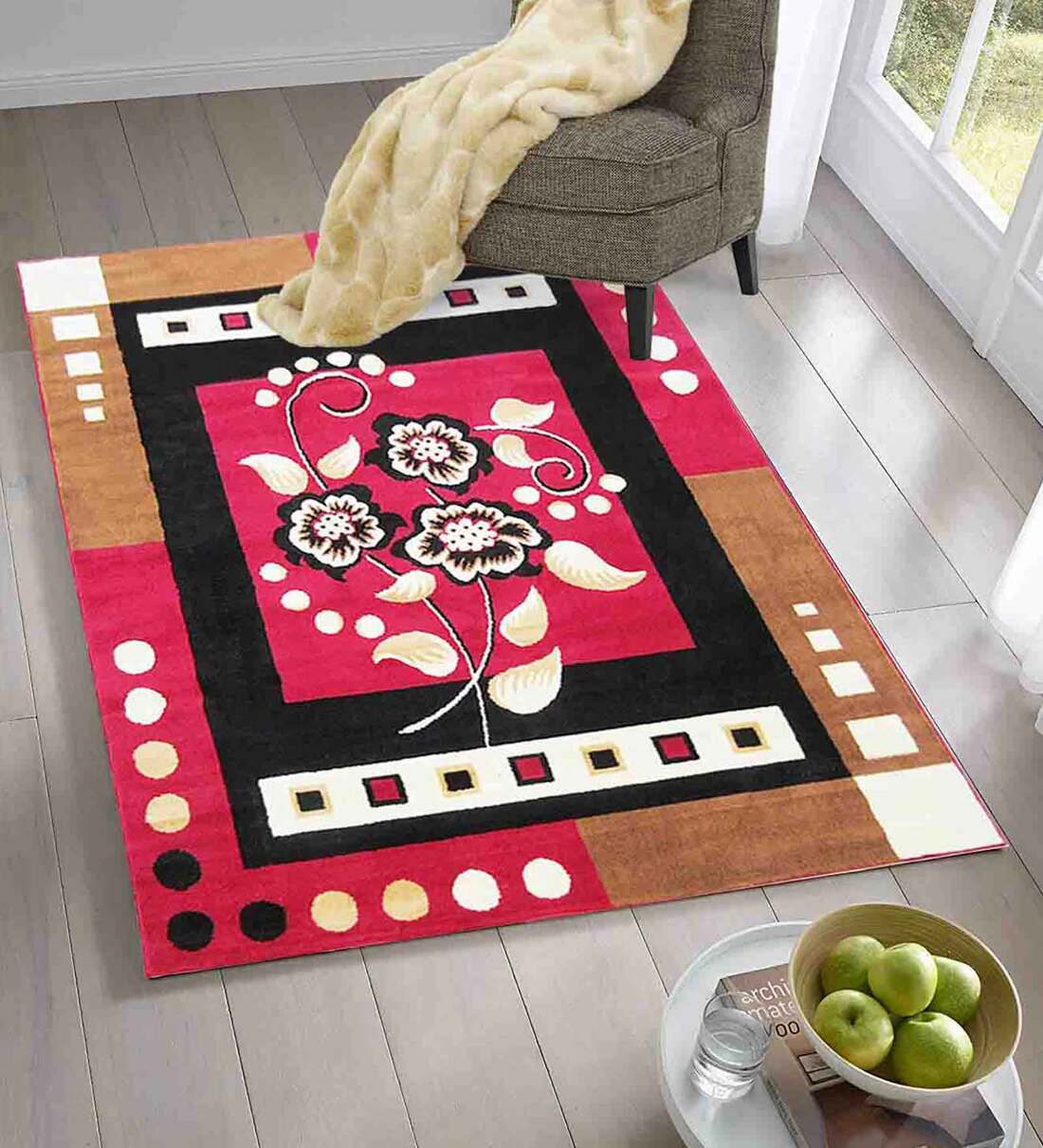 Crafted Floral Pattern Red Polyester Area Carpet - WallMantra