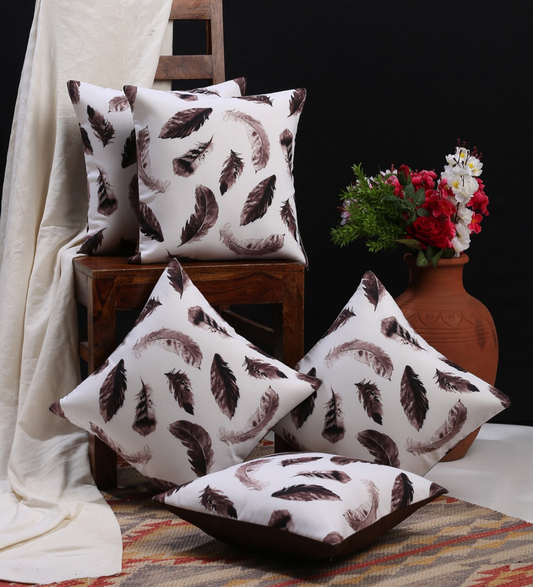 Buy Brown White Floral Cotton X Inches Cushion Covers Set Of By Hosta Homes At