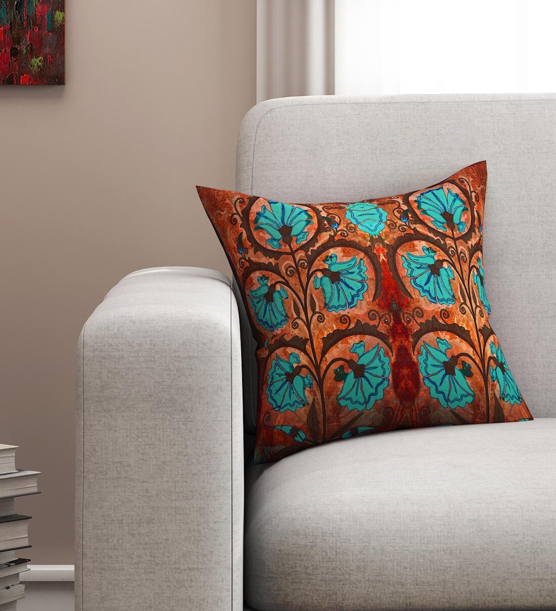 Buy Brown & Green Floral Poly Cotton 16 x 16 Inches Cushion Cover by