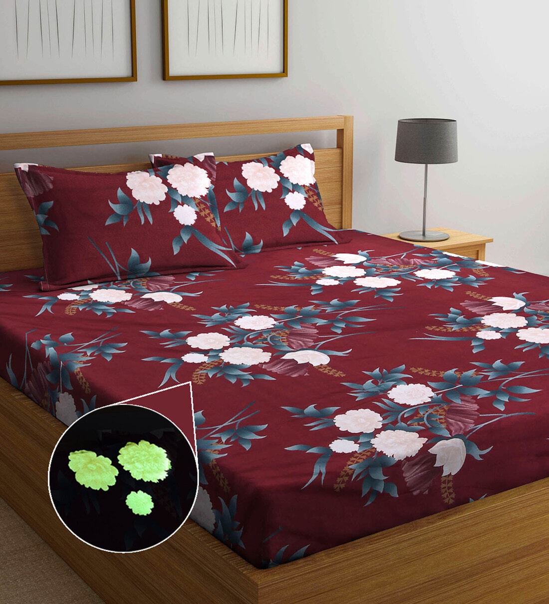 Buy Brown Floral TC 300 Cotton Blend Queen Size Bedsheet with 2 Pillow