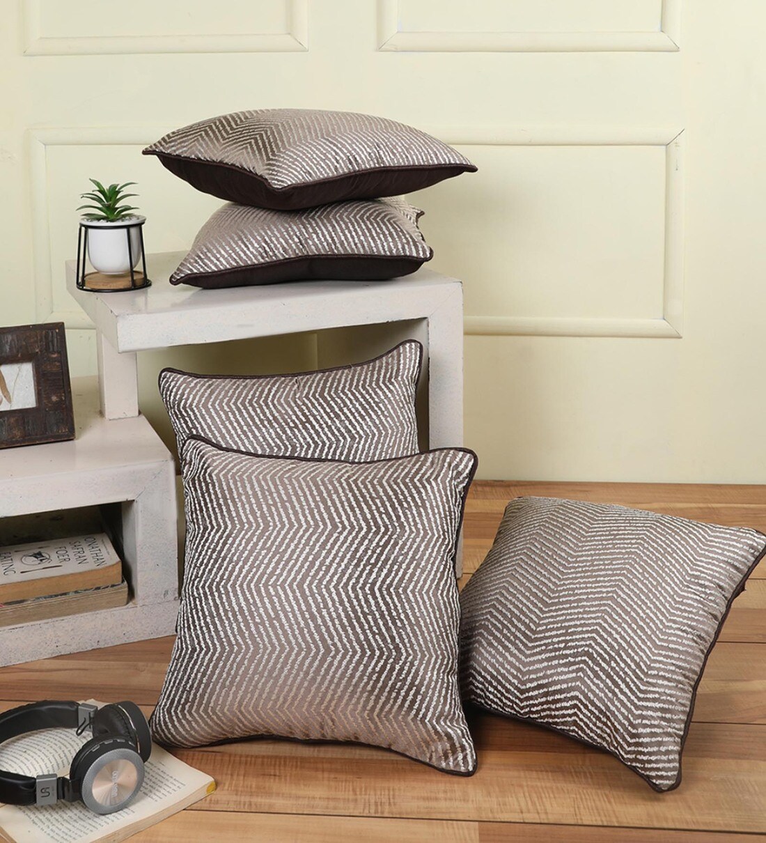 Buy Brown Jacquard Striped 16 X 16 Inches Set of 5 Cushions Covers By