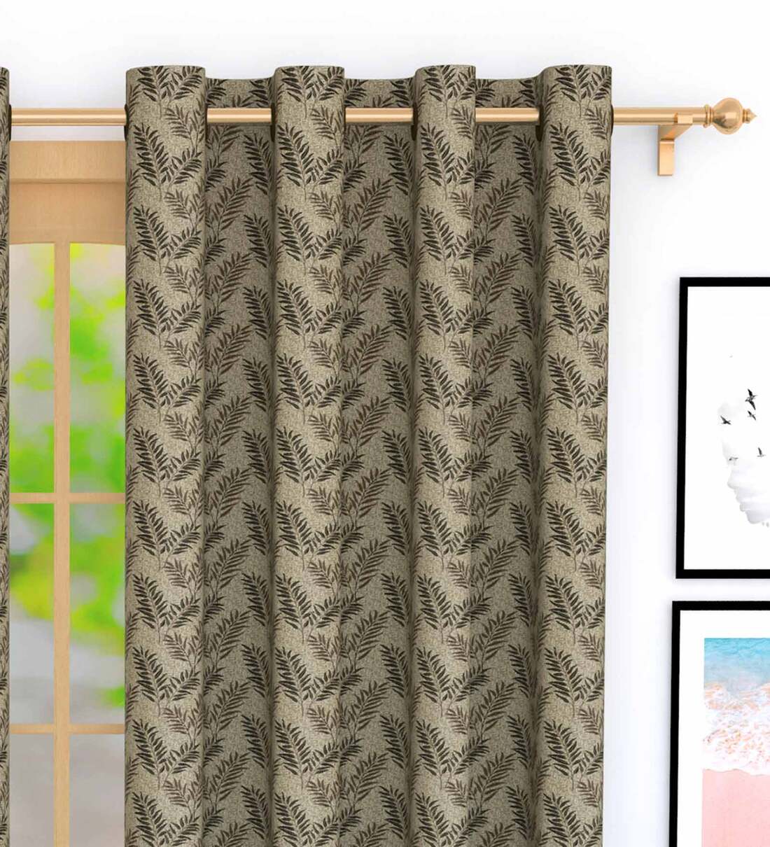 Buy Brown Floral Jacquard 5 Ft Blackout Eyelet Window Curtain at 57