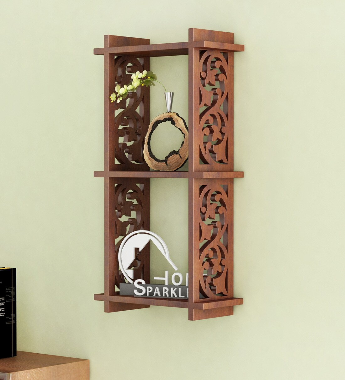 Buy Engineered Wood Carved Wall Shelf in Brown Colour by Home Sparkle