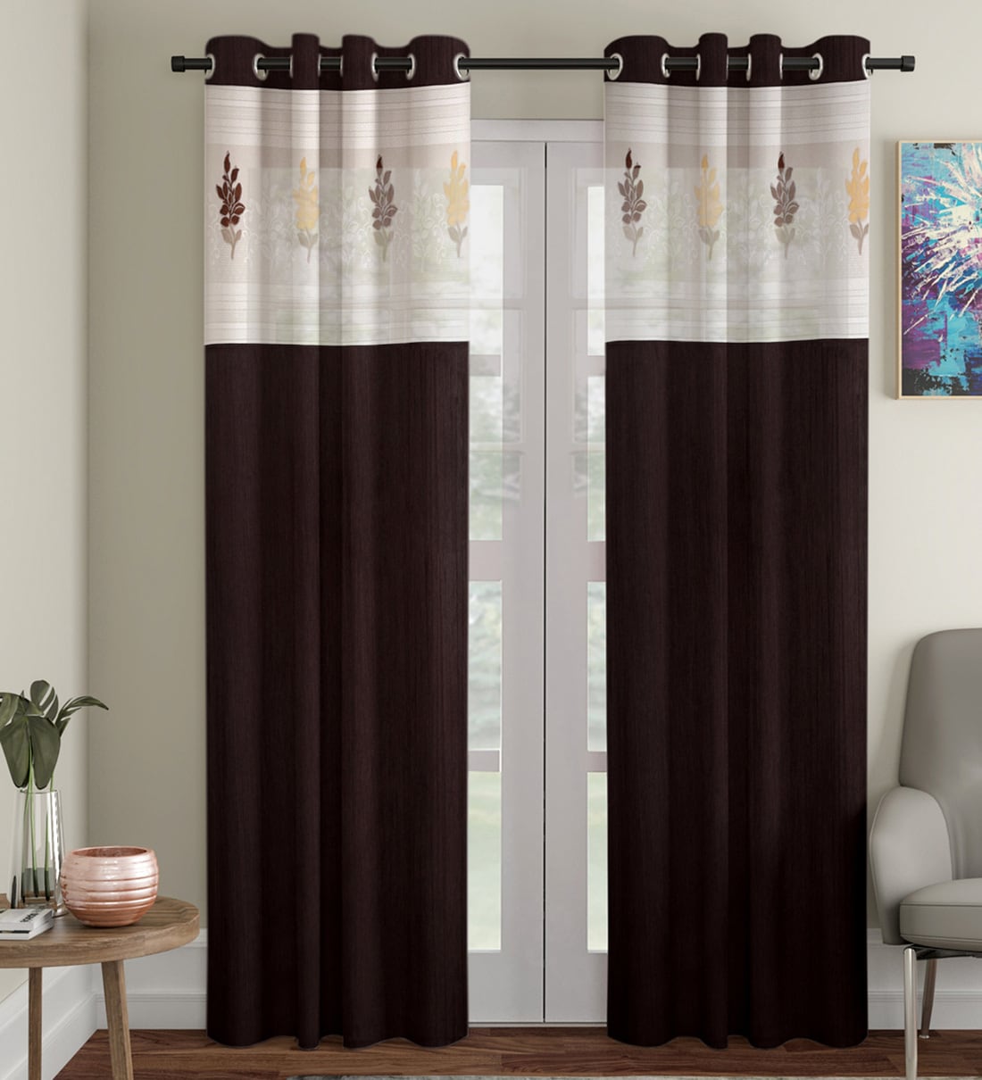 Buy Brown Traditional Polyester Ft Semisheer Eyelet Door Curtains