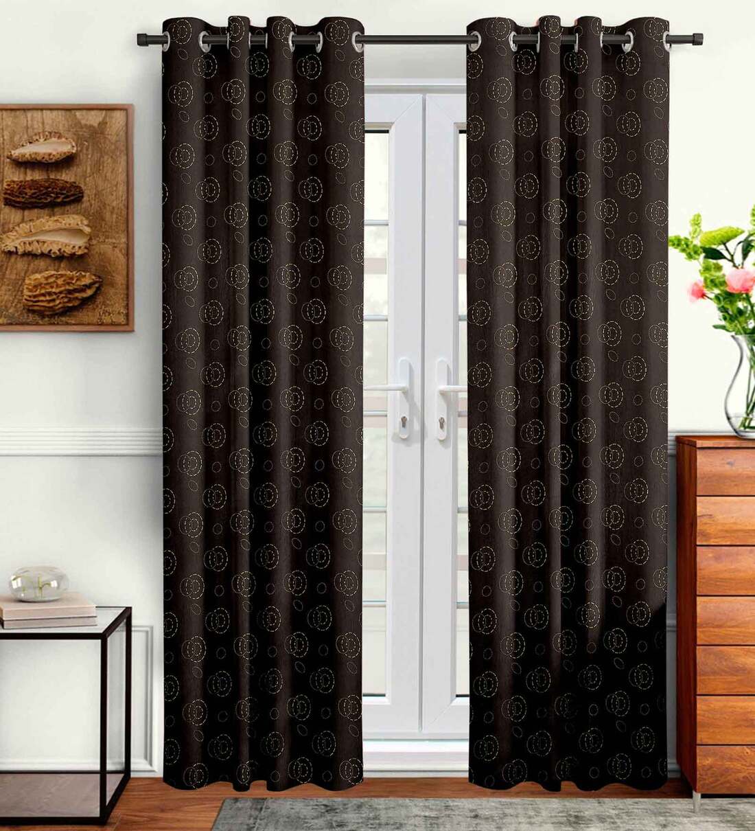 Buy Brown Abstract Polyester 7 Ft Semisheer Eyelet Door Curtains (Set