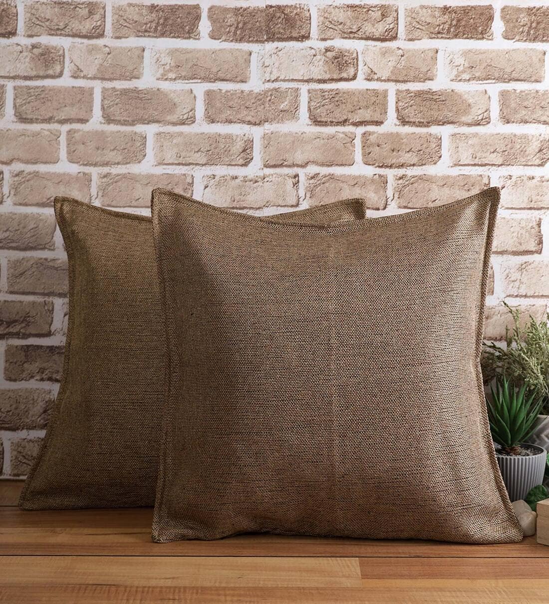 Buy Brown Solid Jute 18 x 18 Inches Cushion Covers (Set of 2) at 79