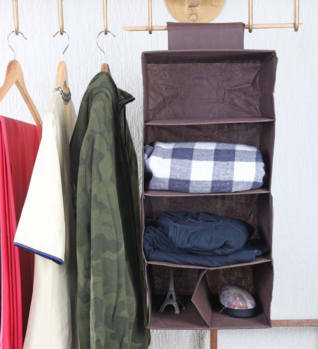 Buy Brown Solid Polypropylene Foldable Cupboard Hanging Cloth Organiser