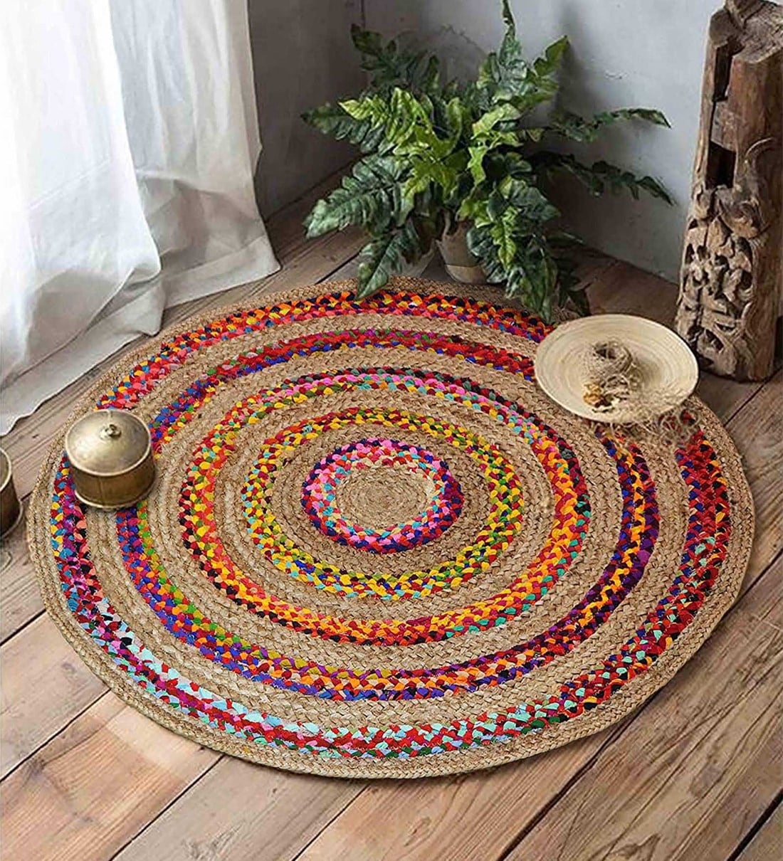 Buy Multicolor Abstract Cotton 3 ft x 3 ft Hand Woven Round Carpet at ...