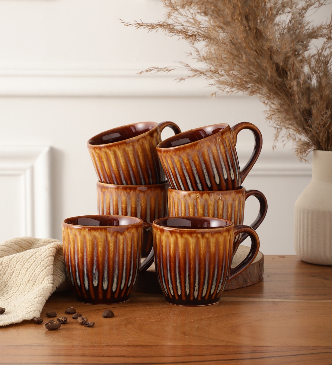 Handpainted Ceramic Tea Cups Set of 6 Cups & Coffee Mug 'Floral' (180 ML)