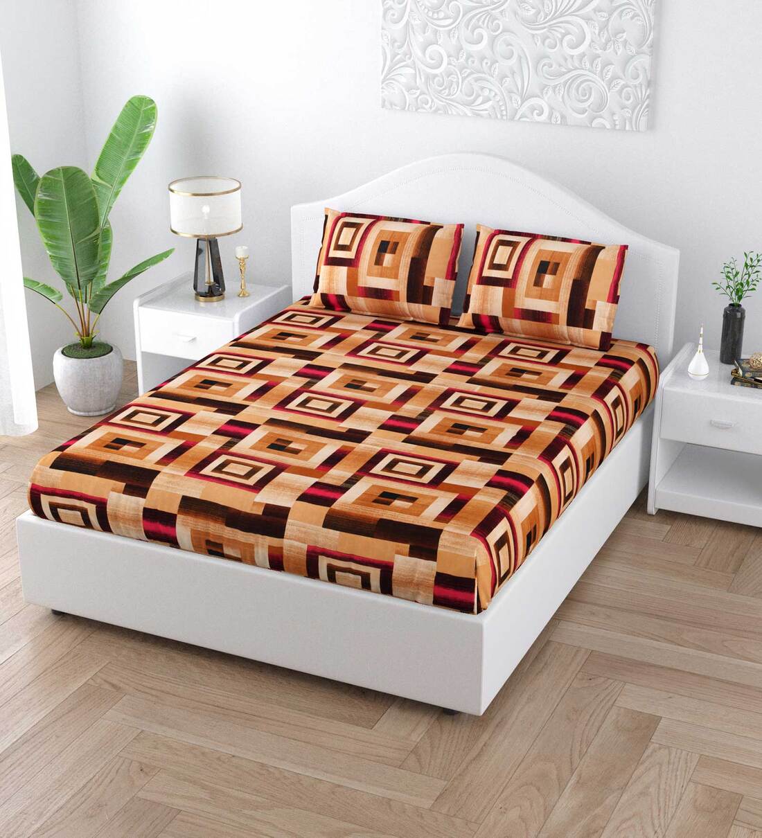 Buy Brown Geometric 140 TC Cotton King Sized Bed Sheets with 2 Pillow