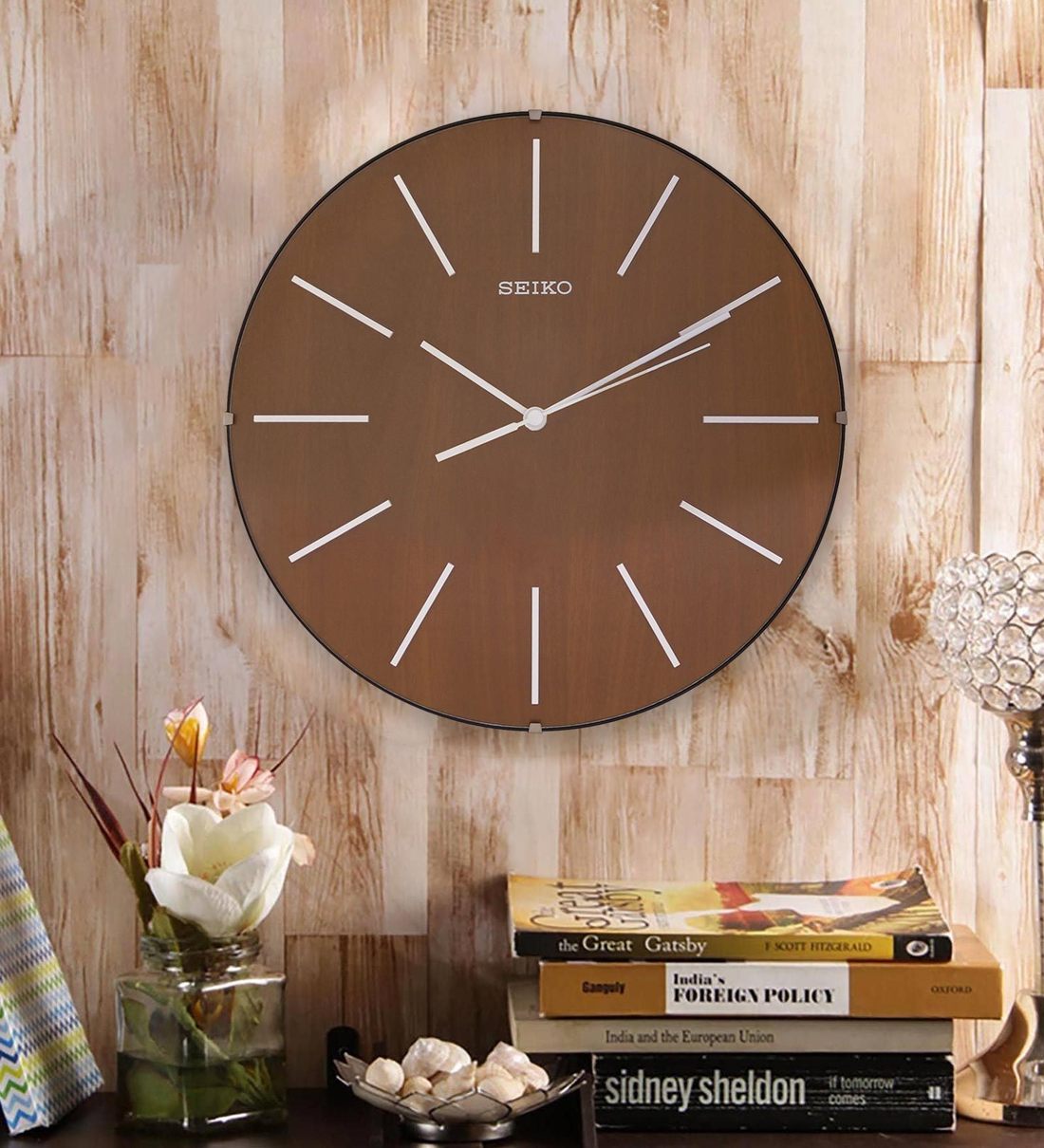 Buy Brown Wooden Clock By Seiko Online Modern Wall Clocks Wall Clocks Home Decor Pepperfry Product