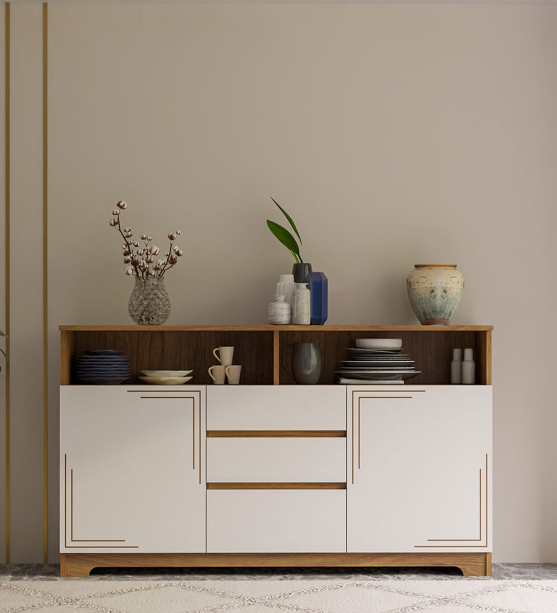 Bruno Sideboard With Storage In White Color And Leon Teak Finish