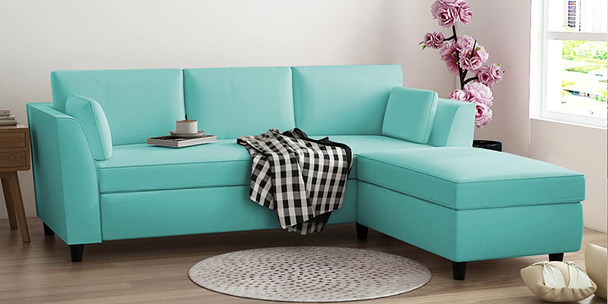 Buy Bristo Velvet LHS 4 Seater Sectional Sofa In Barmuda Aqua Colour at