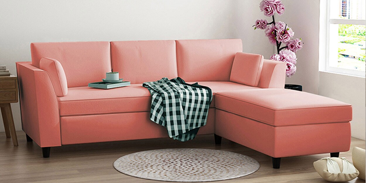 Buy Bristo Velvet LHS 4 Seater Sectional Sofa In Blush Pink Colour at