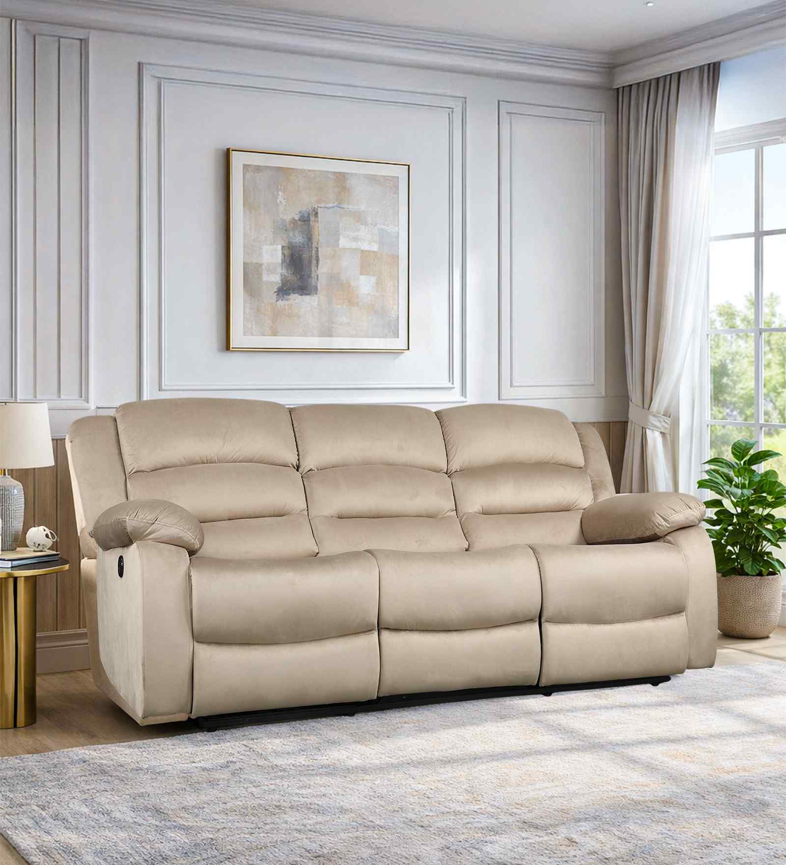 Bradford Fabric 3 Seater Motorised Recliner In Beige Colour