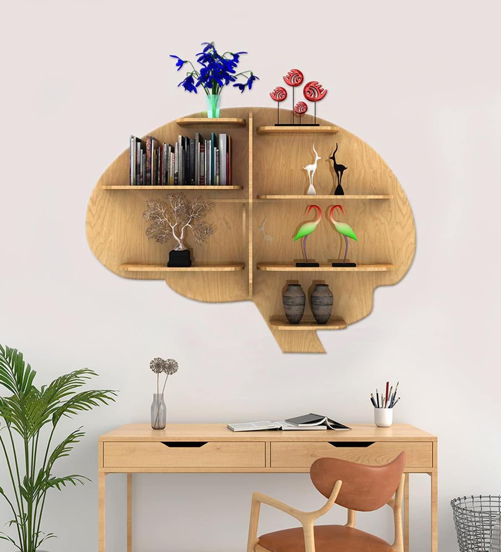 Brain Shape Backlit Designer Wooden Wall Shelf