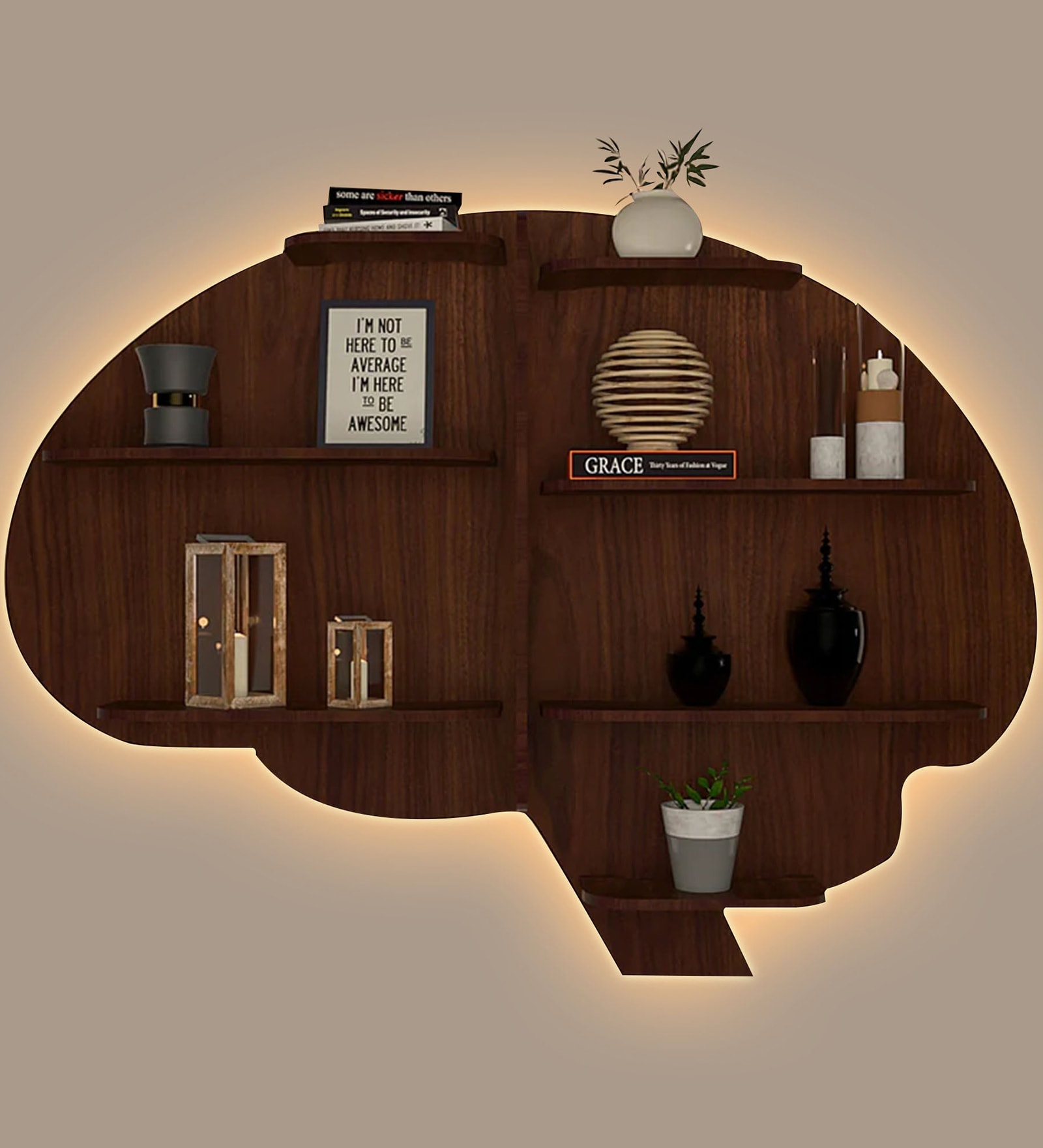 Brain Shape Backlit Designer Wooden Wall Shelf