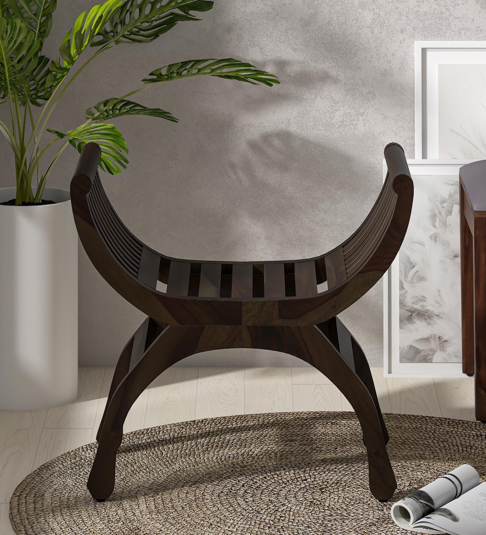 Bramley Sheesham Wood Seating Stool In Walnut Finish