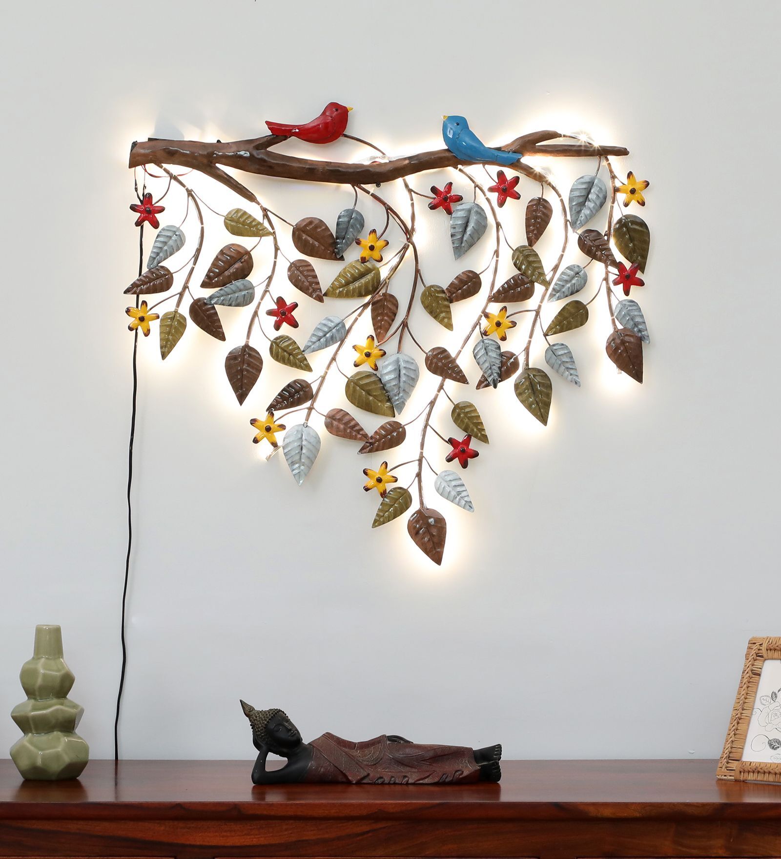 Branch With Leaves Multicolour Handmade Metal Wall Art