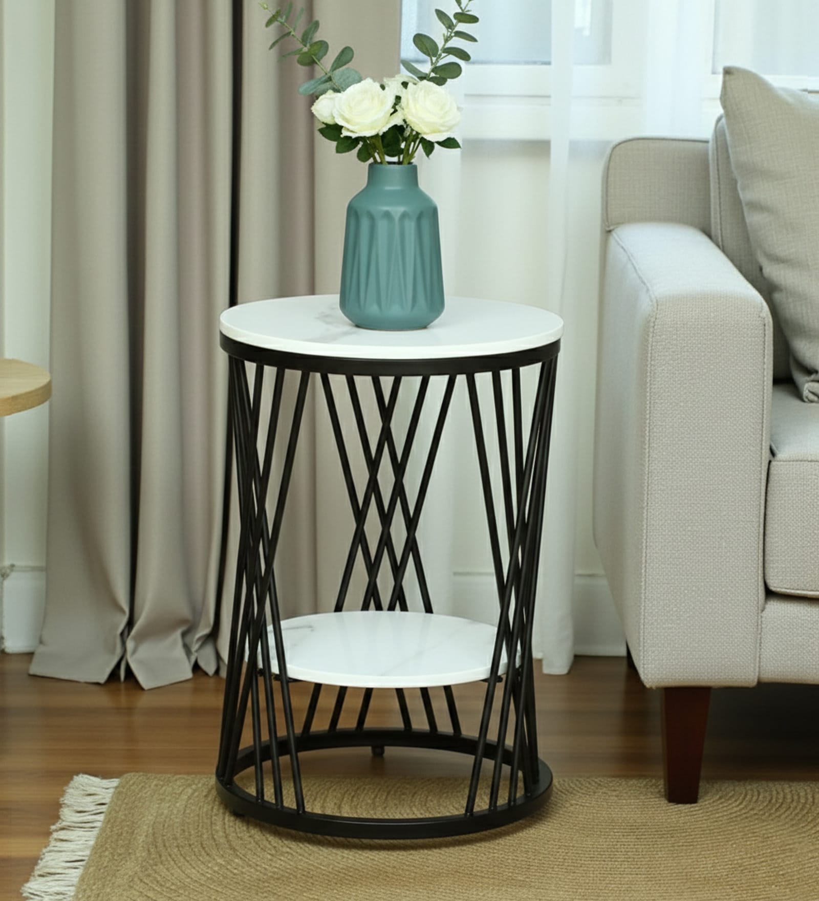 Branco White Porcelain Top End Table With Black Finish