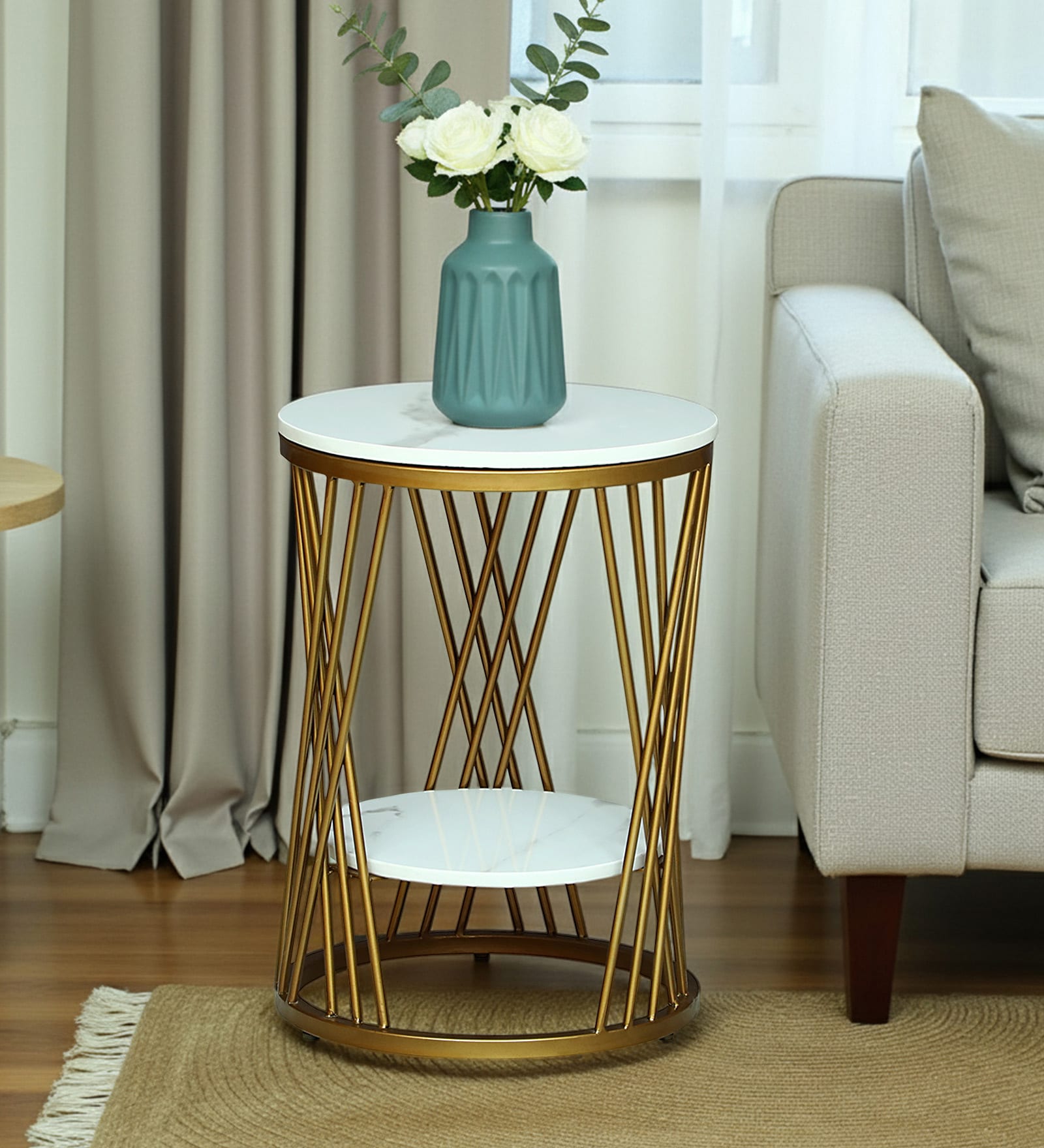 Branco White Porcelain Top End Table With Gold Finish Branco White Porcelain Top End Table With Gold Finish