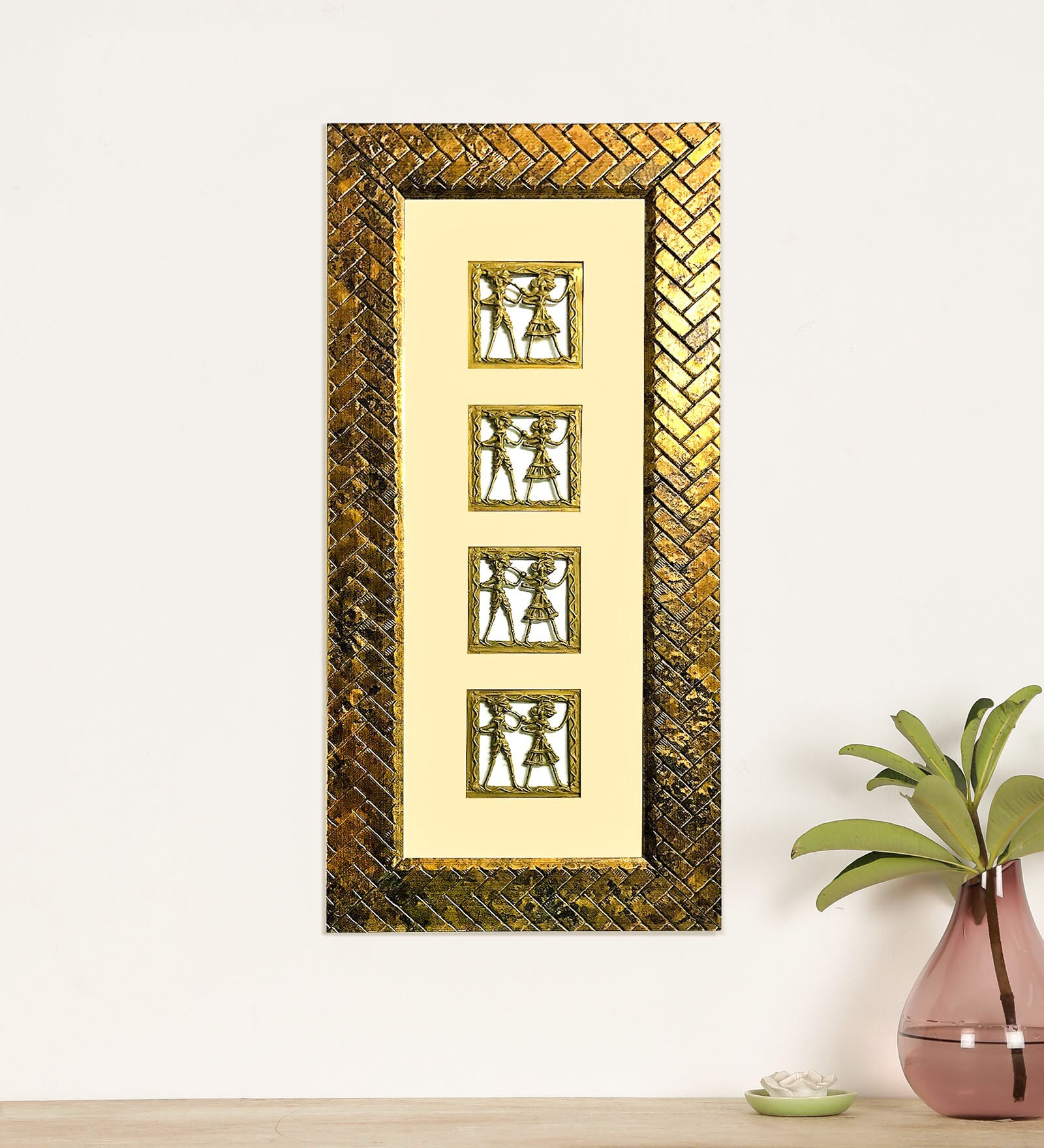 Yellow Brass & Wood Oren Wood Framed Human Figurine Wall Hanging
