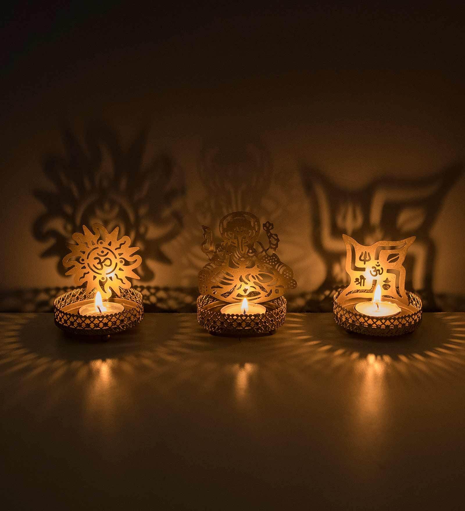 Ganesha, Om & Swastik Metal Table Tea Light Holder (Pack Of 3)