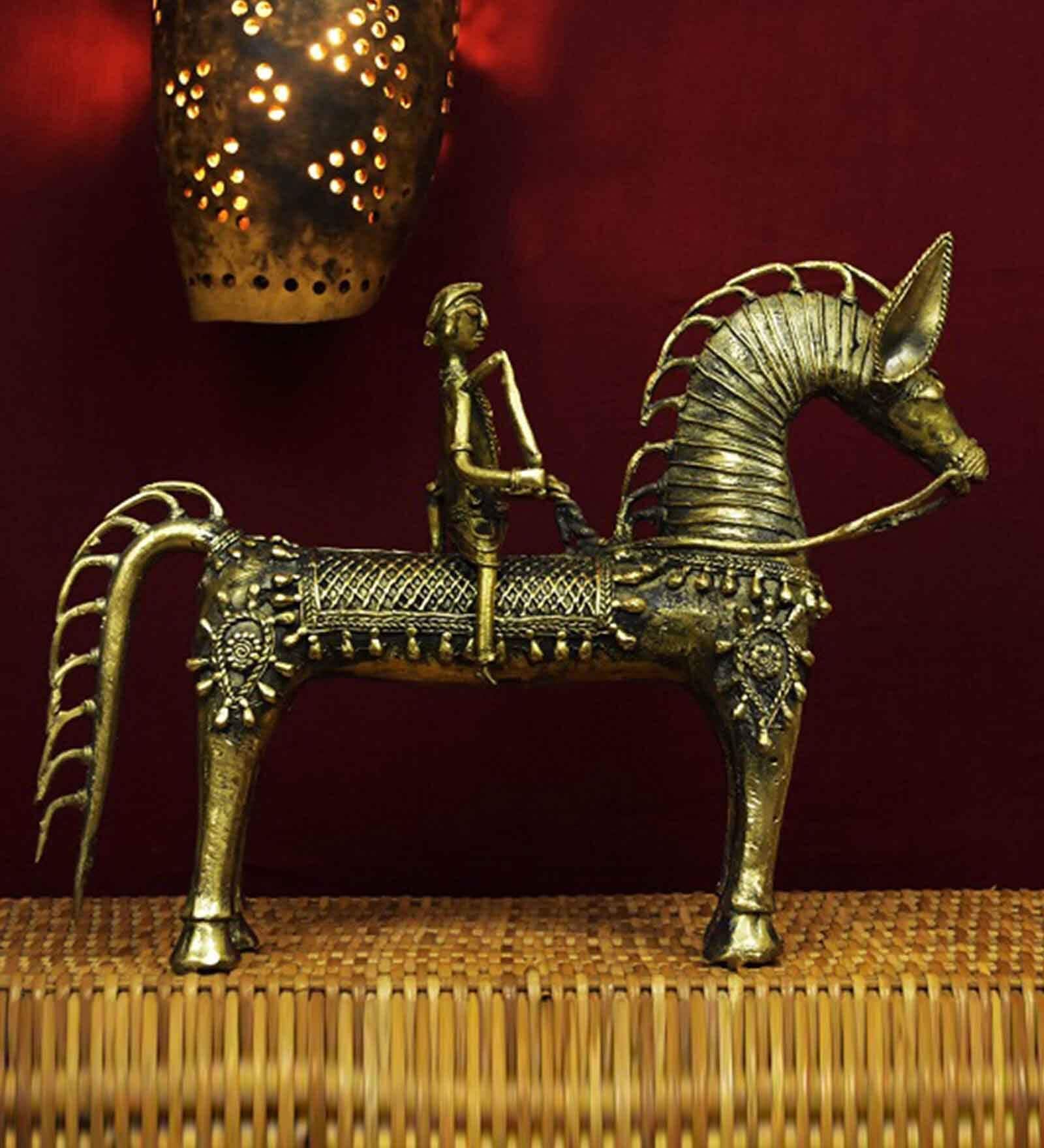 Brass Dhokra Crafted Horse With Rider Tribal Handicraft Bastar Art