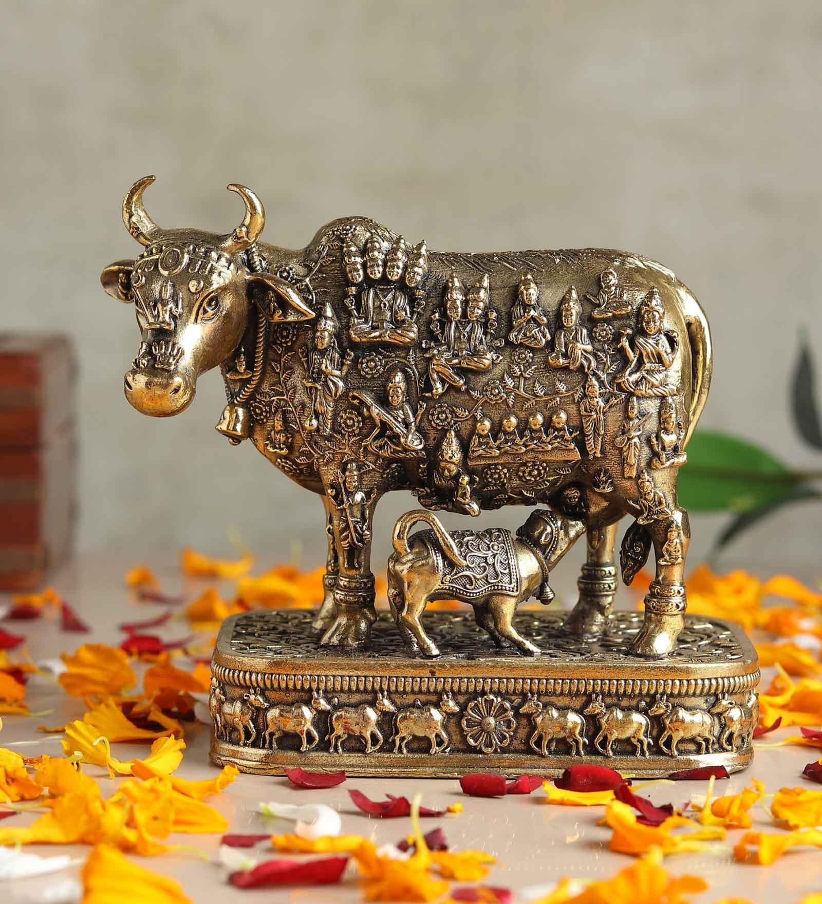 Golden Brass Kamdhenu Cow Idol with Calf