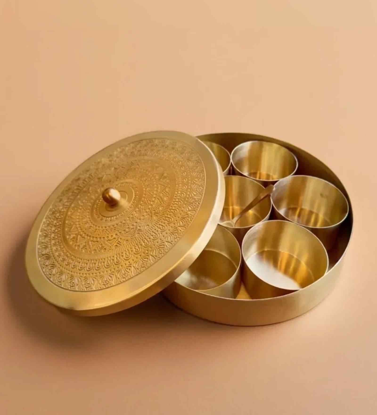 Golden Large Pure Brass Spice Storage Dabba 7 Compartments Masala Box