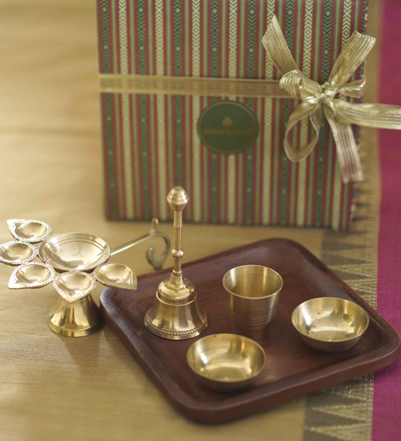 Brass Pooja Essentials Decor Gift (Set Of 6)