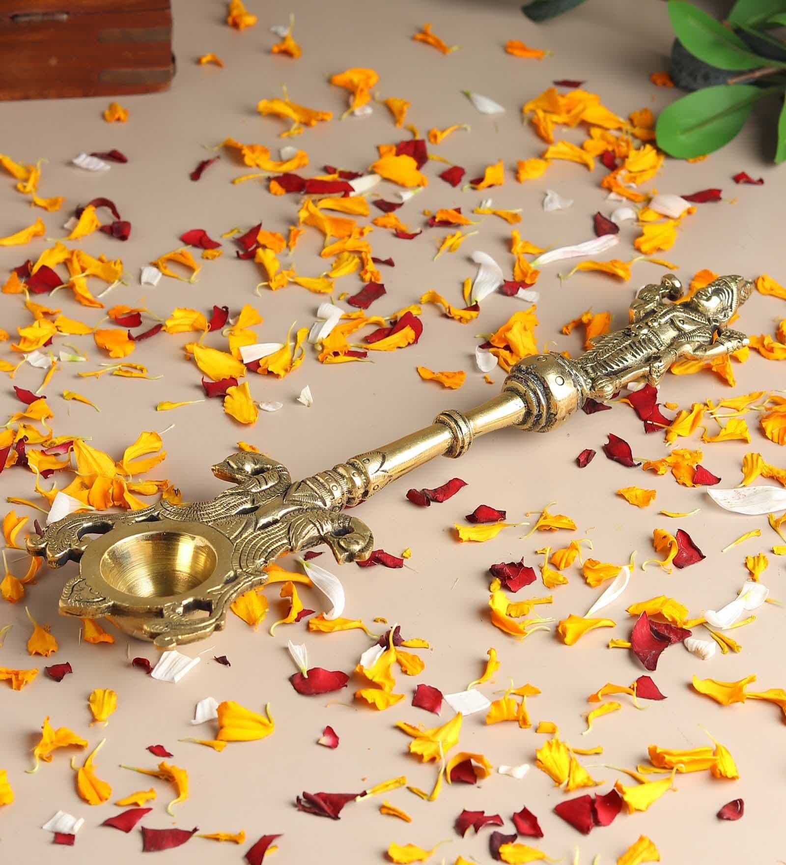 Golden Brass Ritual Spoon with Vishnu Idol