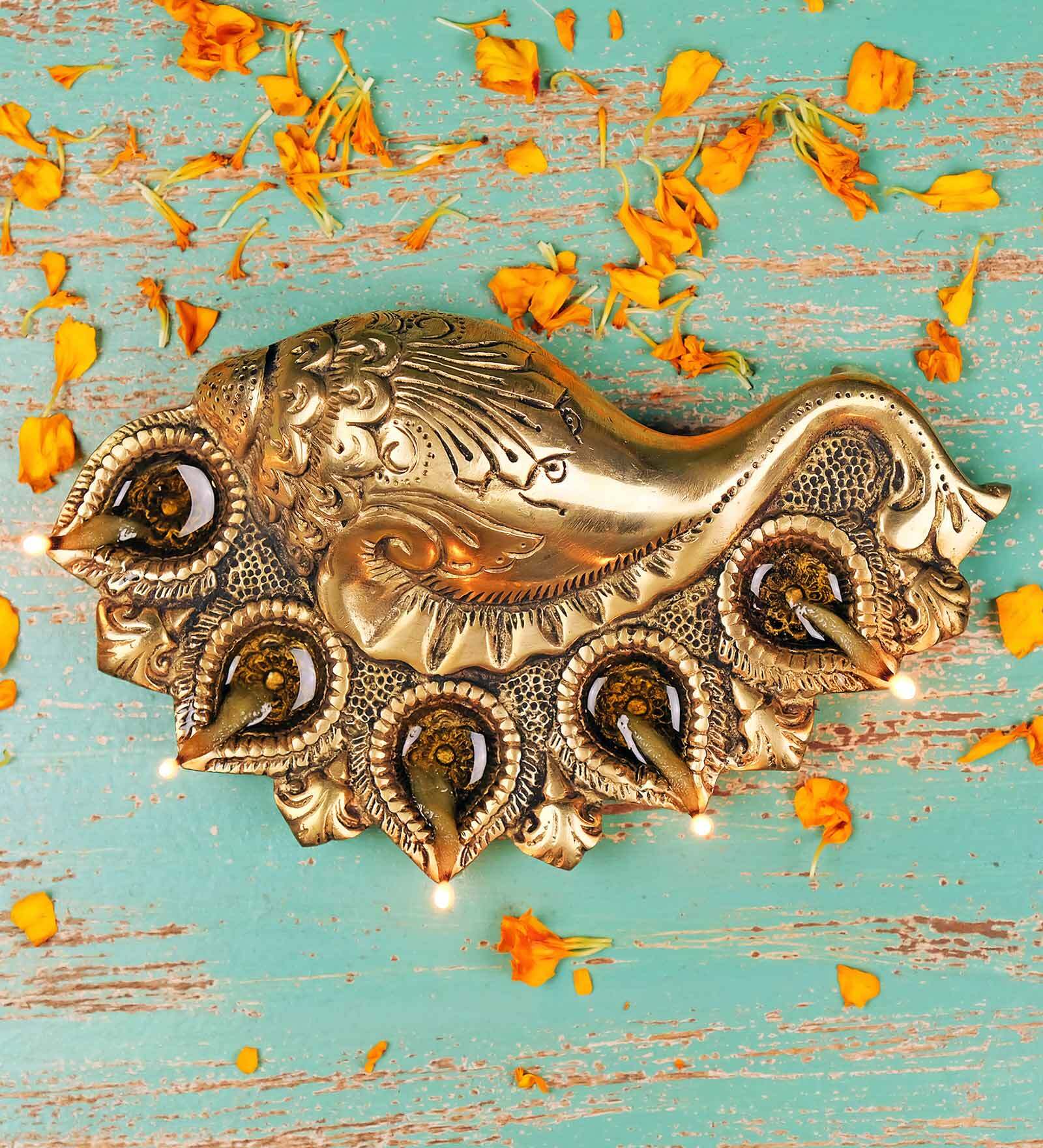 Brass Shankh Diya With 5 Diya Holder