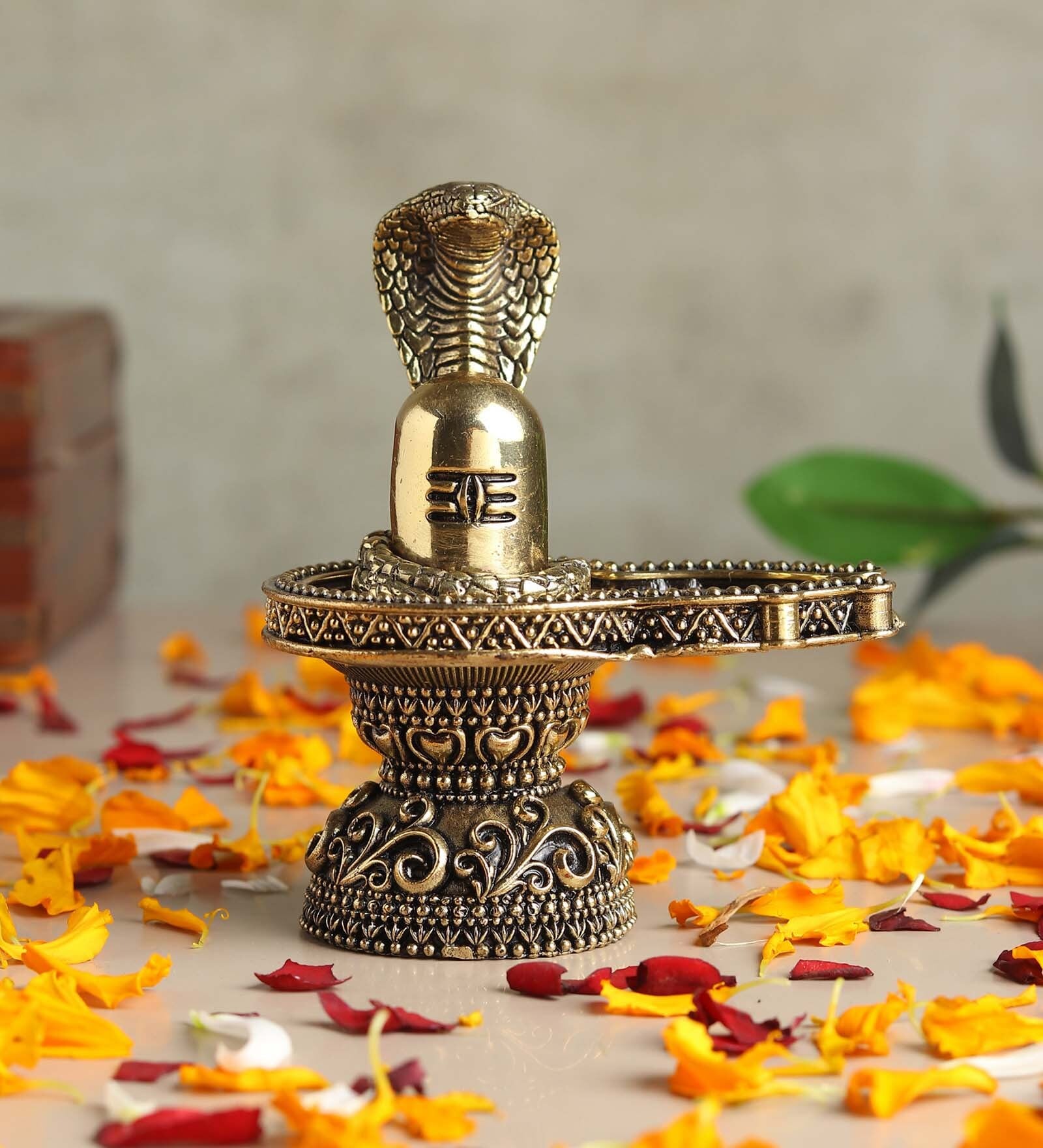 Golden Brass Shivling with Naga Snake Idol Perfect