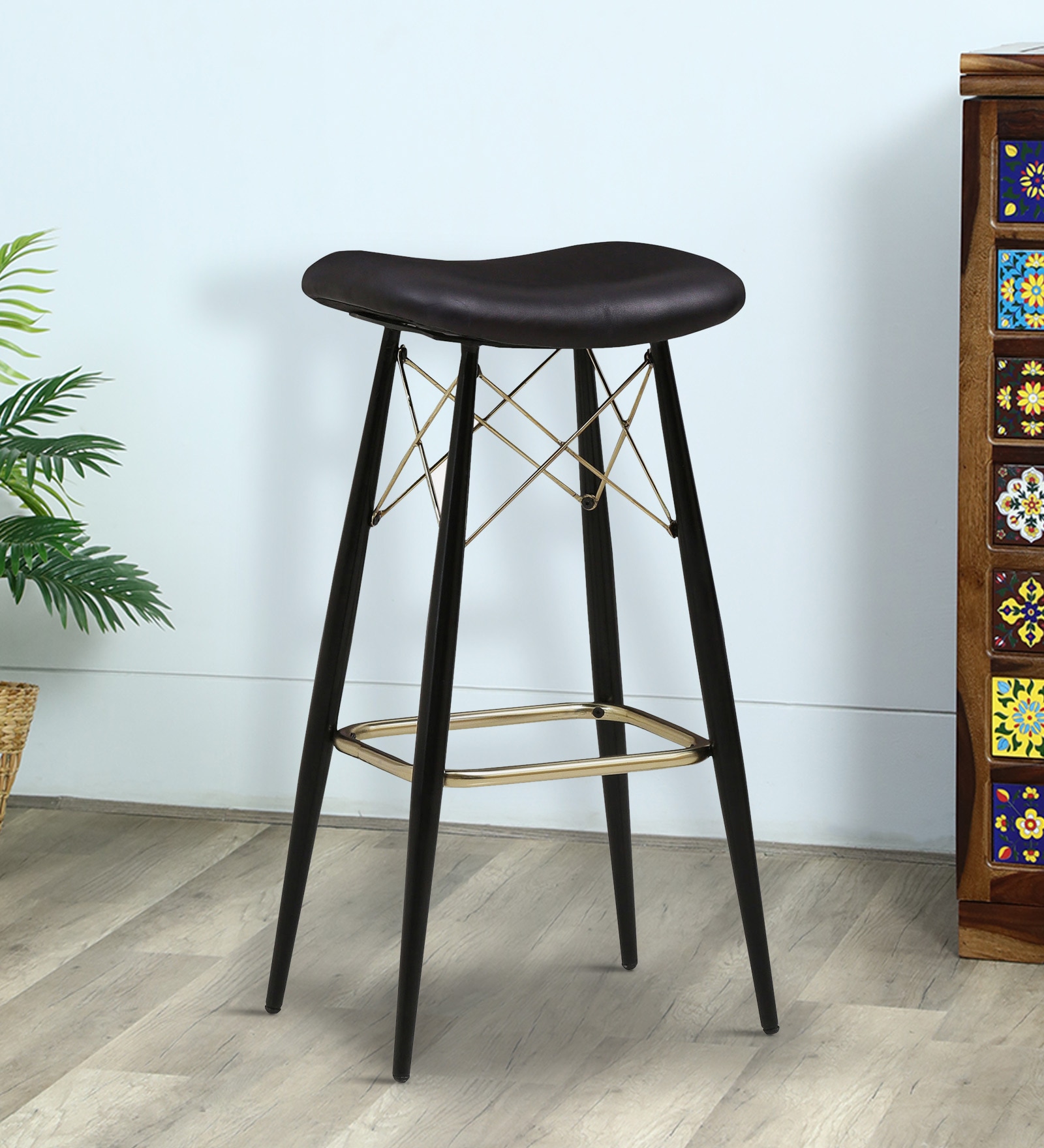 Braxton Leather Bar Stool In Black Colour