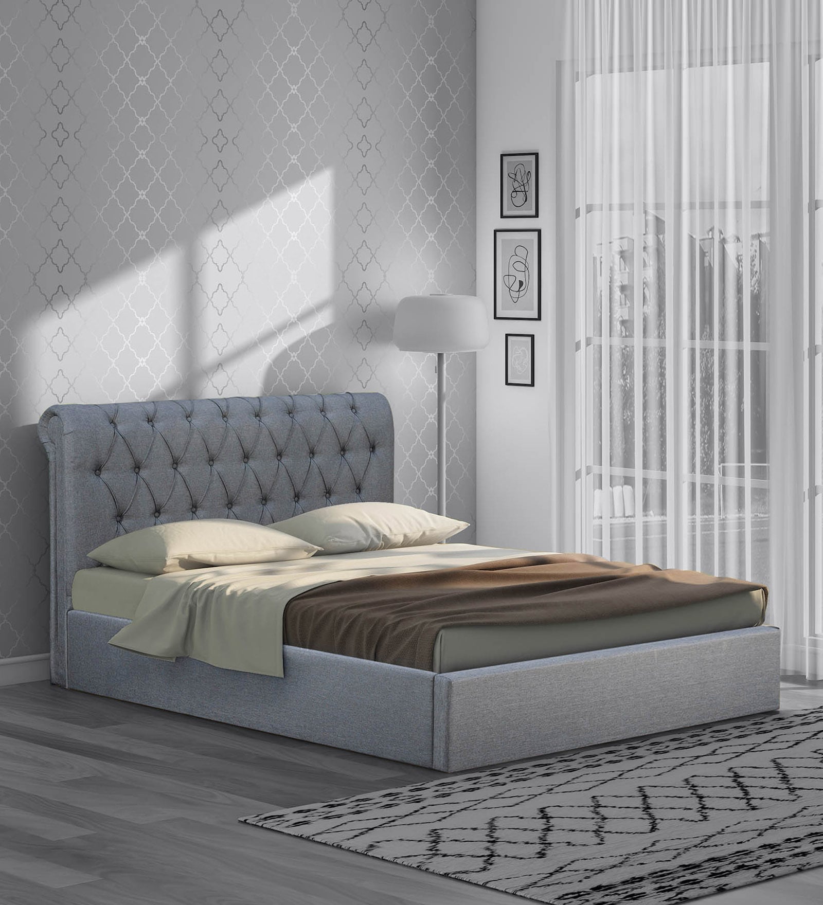 Brayan Upholstered King Size Bed In Light Grey Colour With Hydraulic Storage