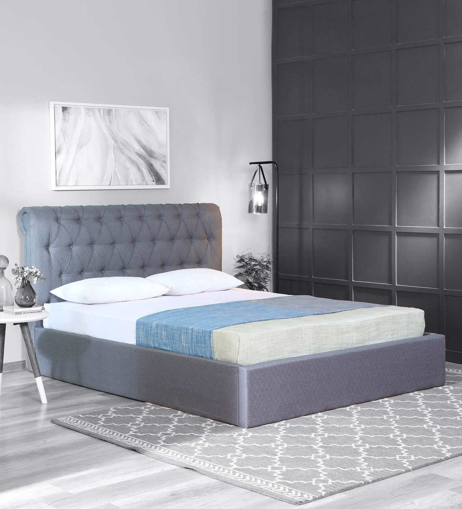 Buy Brayan Upholstered Queen Size Bed In Light Grey Colour With