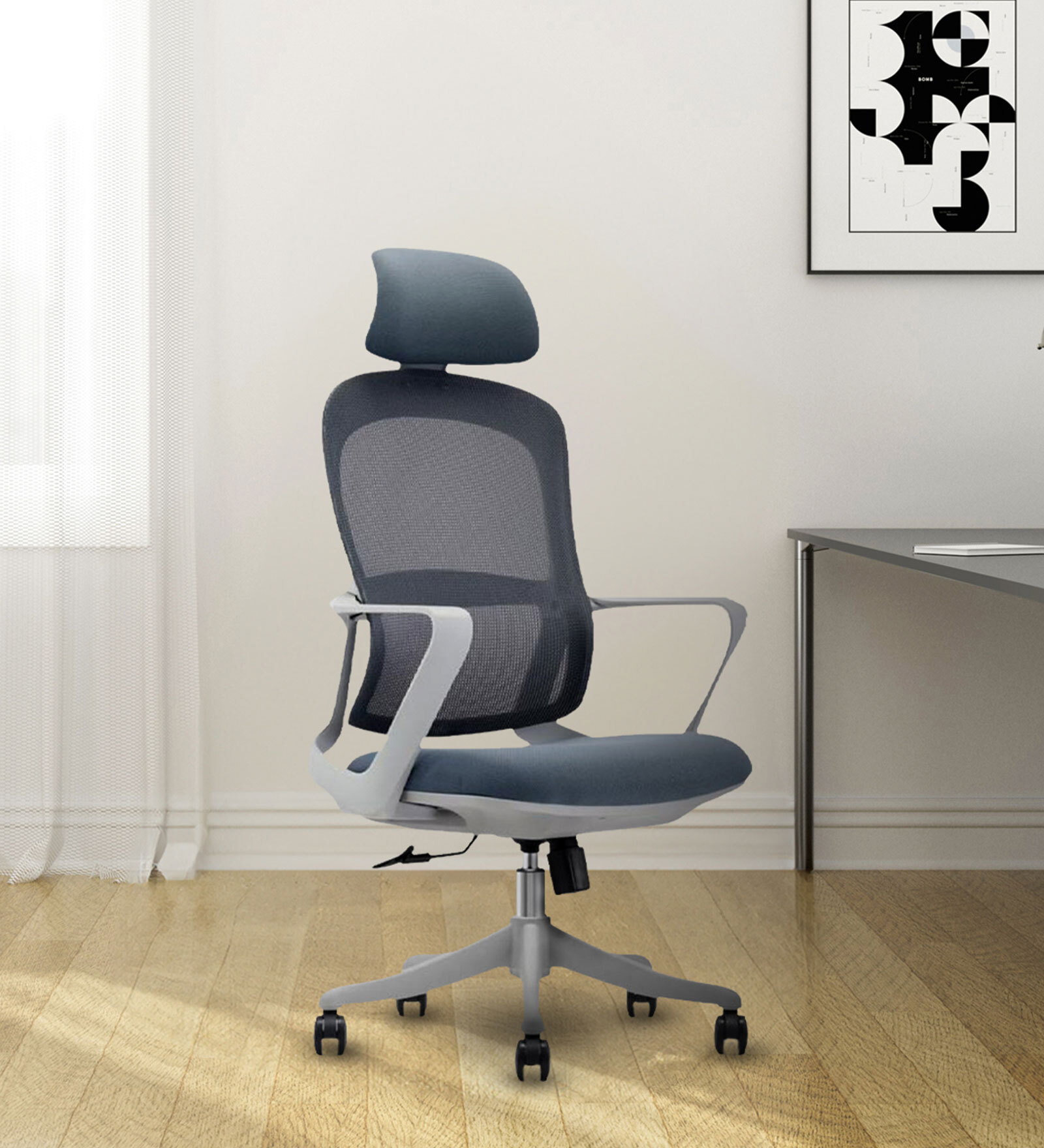 Breeze Breathable Mesh Ergonic Chair in Grey Colour with Headrest
