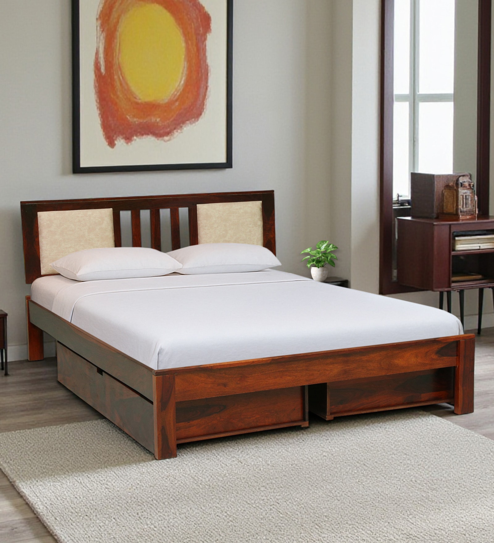 Brevik Sheesham Wood Queen Size Bed In Honey Oak  Finish With Drawer Storage