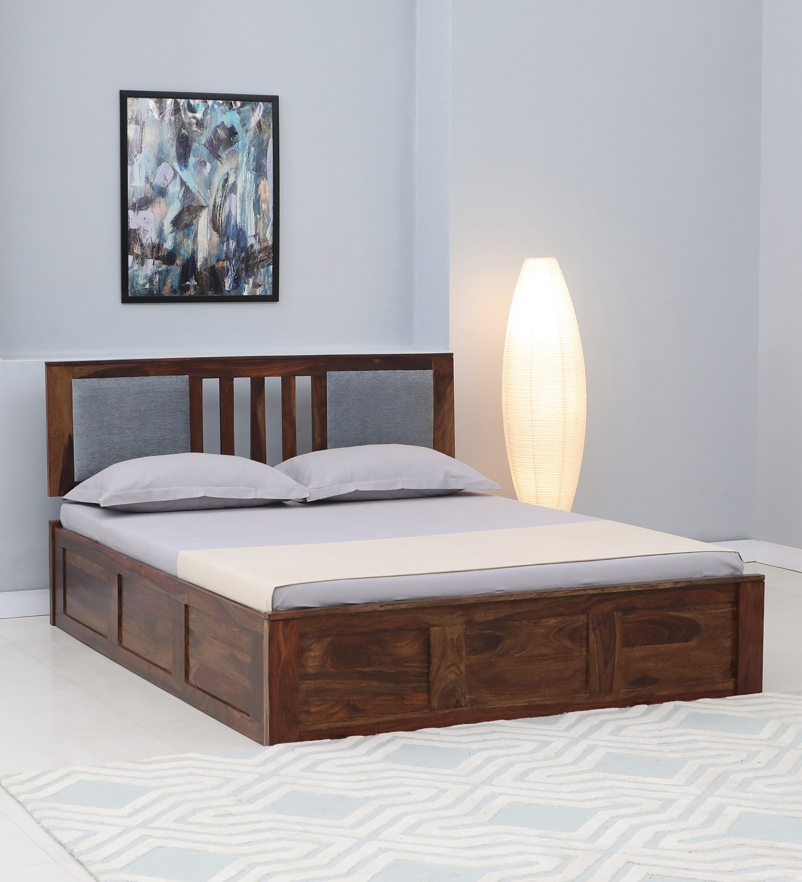 Brevik Sheesham Wood Queen Size Bed In Provincial Teak Finish With Box Storage