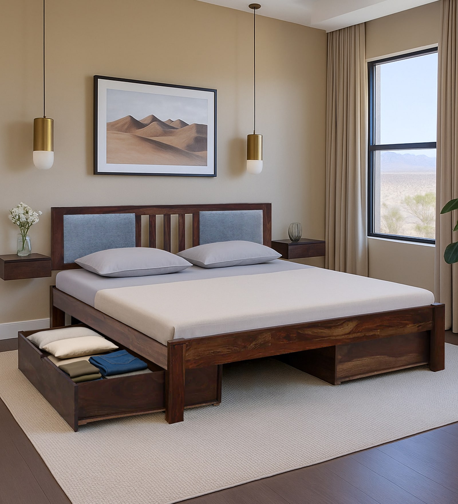 Brevik Sheesham Wood Queen Size Bed In Provincial Teak Finish With Drawer Storage