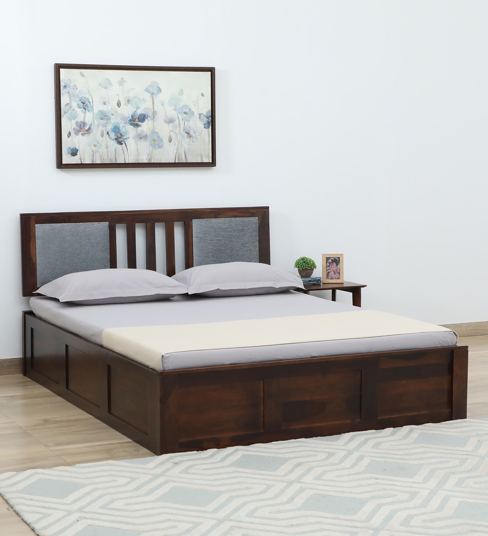 Brevik Sheesham Wood Queen Size Bed In Provincial Teak Finish With Hydraulic Storage