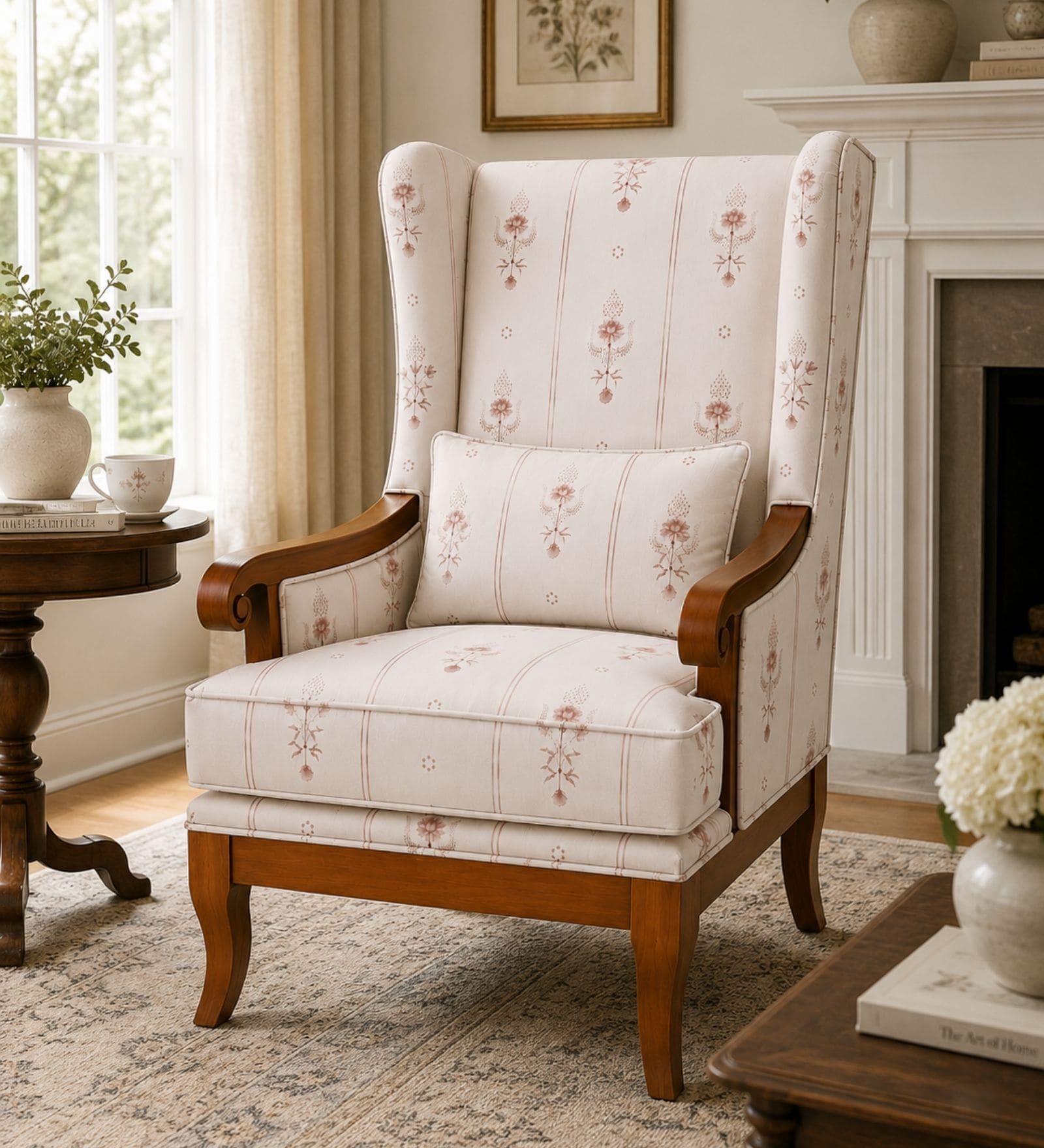 BrevIn Teak Wood Wing Chair With Suede Fabric In Cream Beige Colour BrevIn Teak Wood Wing Chair With Suede Fabric In Cream Beige Colour