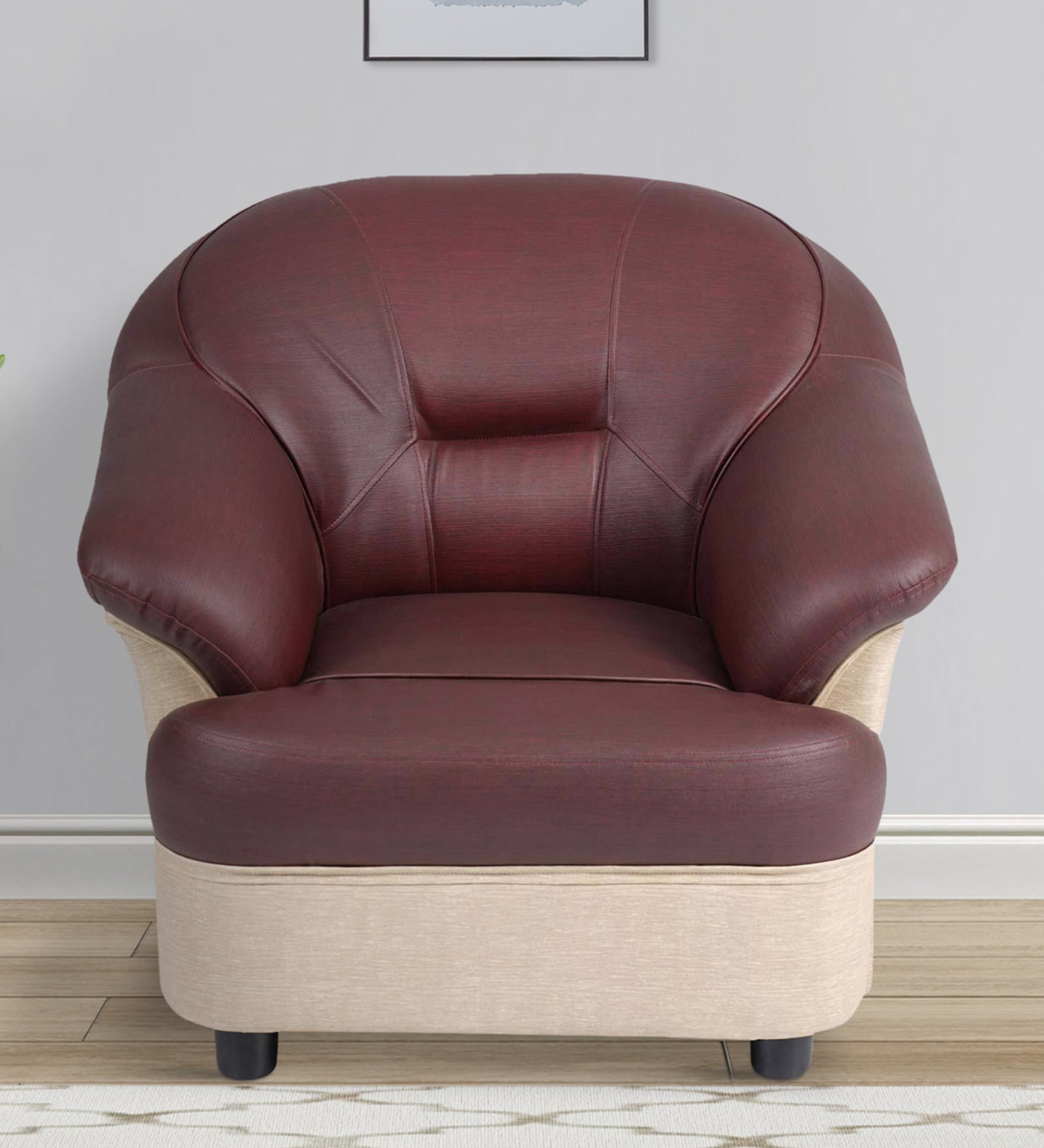 Bright Leatherette 1 Seater Sofa in Maroon & Beige Colour