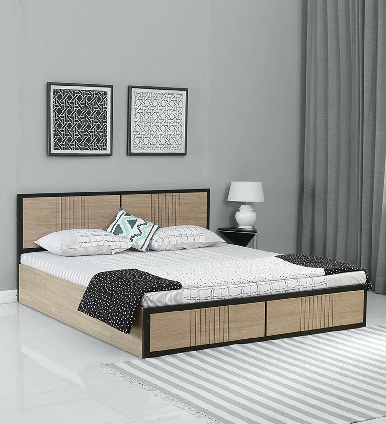 Brighton Queen Size Bed with Storage in Teak Finish