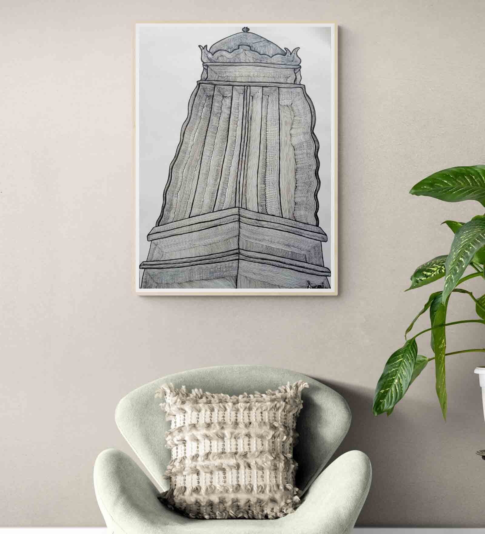 Brihadeeswara Temple Handmade Pencil, Ink & Charcoal On Unframed Canvas Painting