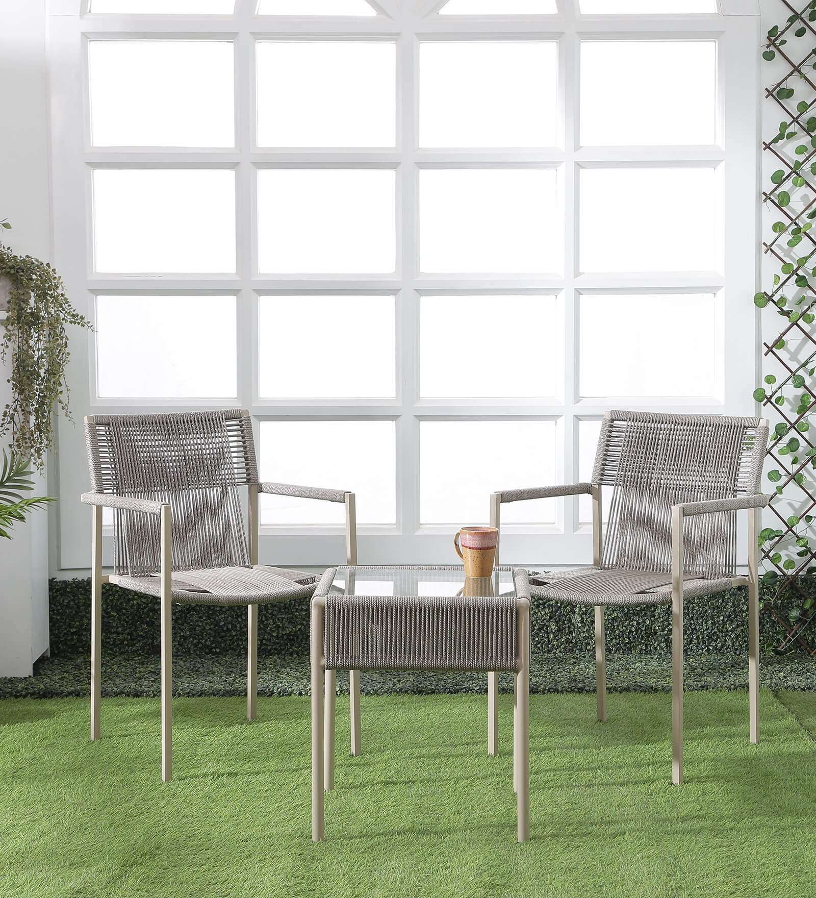 Brik Steel & Braided Rope Table And Chair Sets In Cream Finish