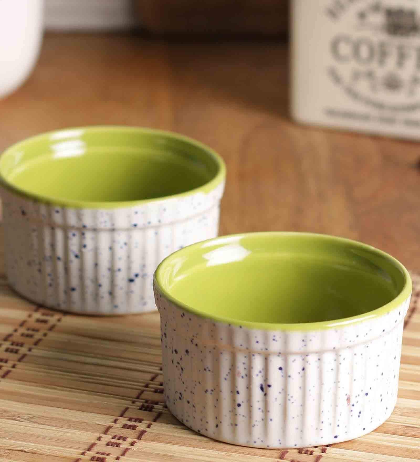 Brilliant 200ml White & Lime Green Stoneware (Set of 2) Ramekin Bowl