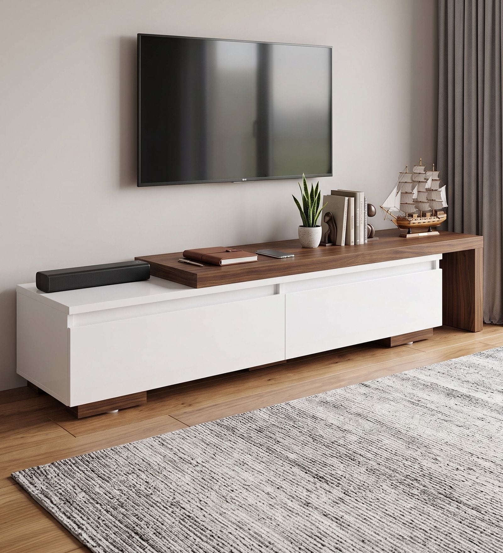 Brimsey TV Unit in Planked Walnut and White Finish Brimsey TV Unit in Planked Walnut and White Finish